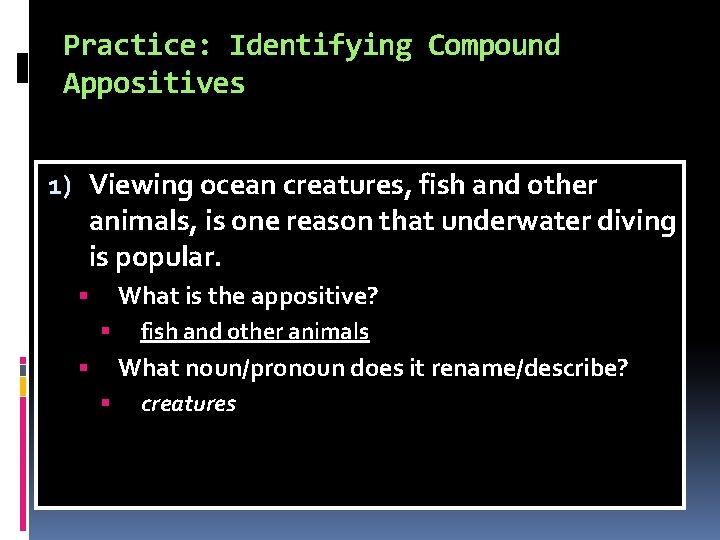 Practice: Identifying Compound Appositives 1) Viewing ocean creatures, fish and other animals, is one