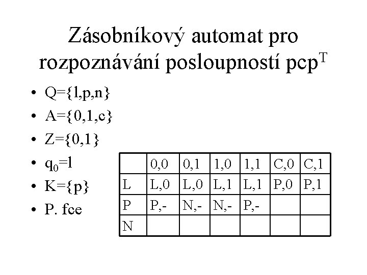 Zásobníkový automat pro rozpoznávání posloupností pcp. T • • • Q={l, p, n} A={0,
