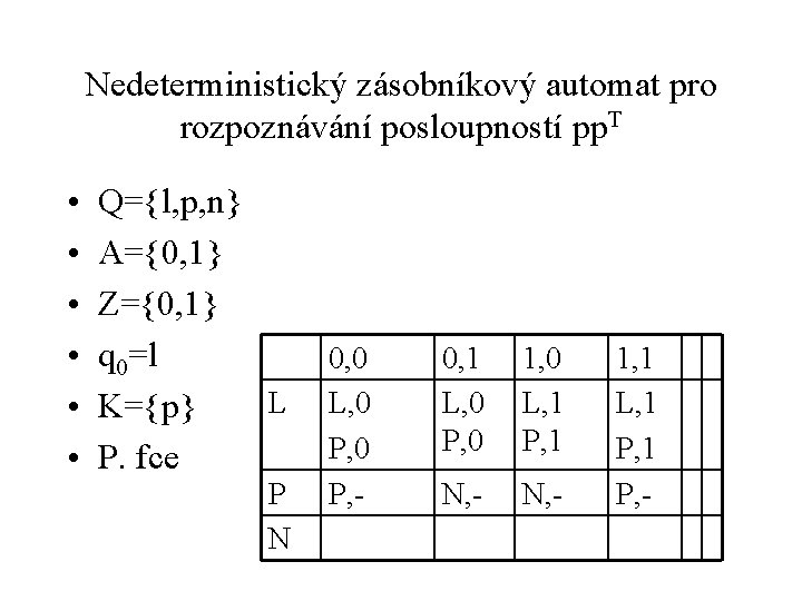 Nedeterministický zásobníkový automat pro rozpoznávání posloupností pp. T • • • Q={l, p, n}