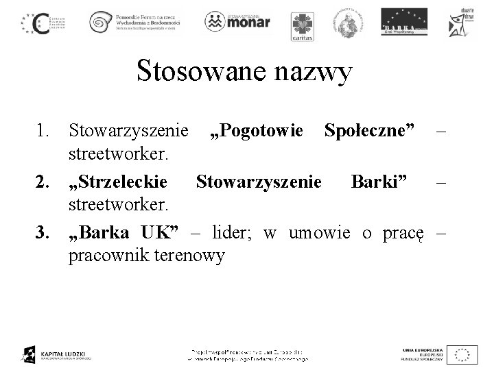 Stosowane nazwy 1. Stowarzyszenie „Pogotowie Społeczne” – streetworker. 2. „Strzeleckie Stowarzyszenie Barki” – streetworker.