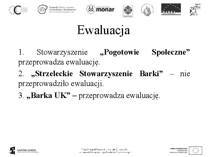 Ewaluacja 1. Stowarzyszenie „Pogotowie Społeczne” przeprowadza ewaluację. 2. „Strzeleckie Stowarzyszenie Barki” – nie przeprowadziło