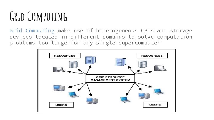 Grid Computing make use of heterogeneous CPUs and storage devices located in different domains Grid Computing make use of heterogeneous CPUs and storage devices located in different domains
