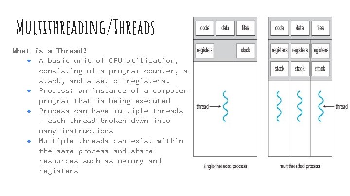Multithreading/Threads What is a Thread? ● A basic unit of CPU utilization, consisting of Multithreading/Threads What is a Thread? ● A basic unit of CPU utilization, consisting of