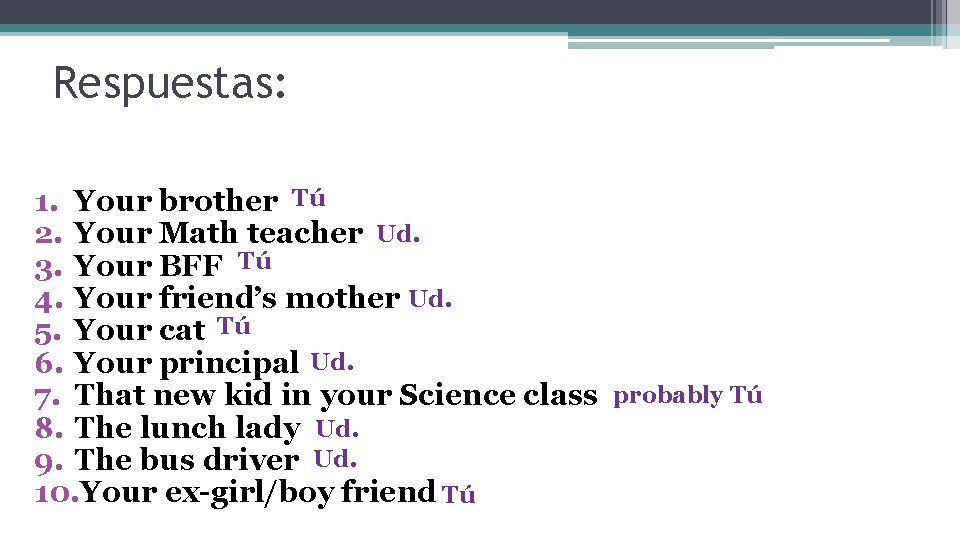 Respuestas: 1. Your brother Tú 2. Your Math teacher Ud. 3. Your BFF Tú