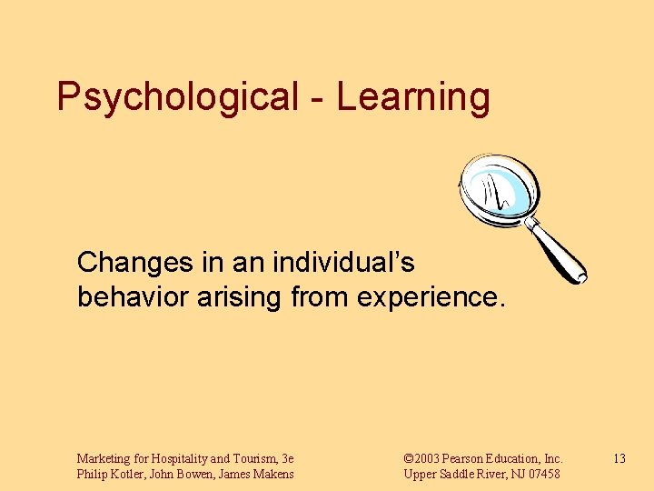 Psychological - Learning Changes in an individual’s behavior arising from experience. Marketing for Hospitality