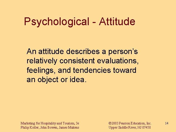 Psychological - Attitude An attitude describes a person’s relatively consistent evaluations, feelings, and tendencies