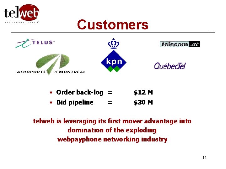 Customers • Order back-log = $12 M • Bid pipeline $30 M = telweb