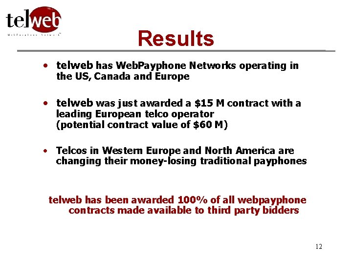 Results • telweb has Web. Payphone Networks operating in the US, Canada and Europe