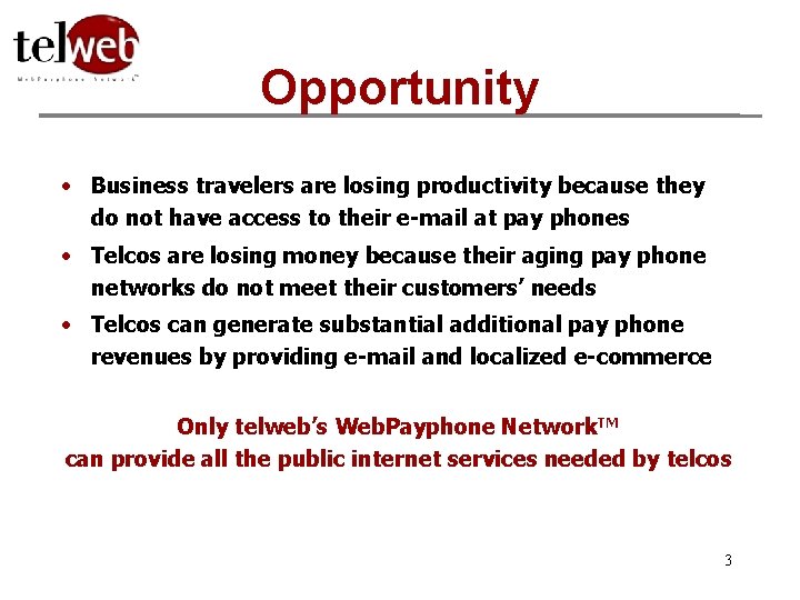 Opportunity • Business travelers are losing productivity because they do not have access to