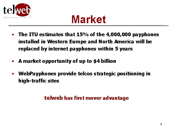 Market • The ITU estimates that 15% of the 4, 000 payphones installed in