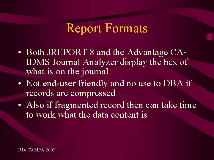 Report Formats • Both JREPORT 8 and the Advantage CAIDMS Journal Analyzer display the