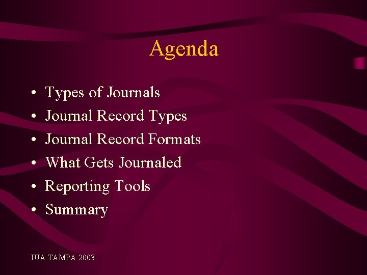 Agenda • • • Types of Journals Journal Record Types Journal Record Formats What