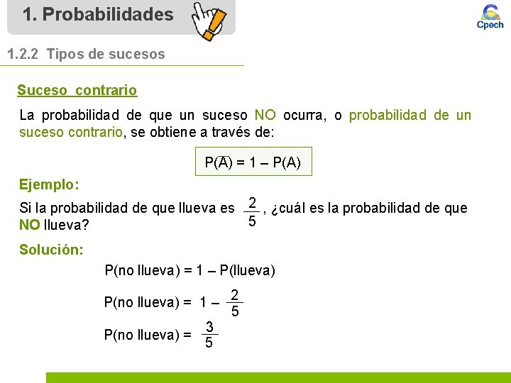 1. Probabilidades 1. 2. 2 Tipos de sucesos Suceso contrario La probabilidad de que