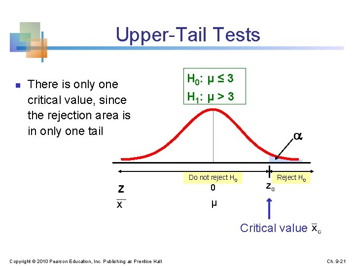 Upper-Tail Tests n There is only one critical value, since the rejection area is