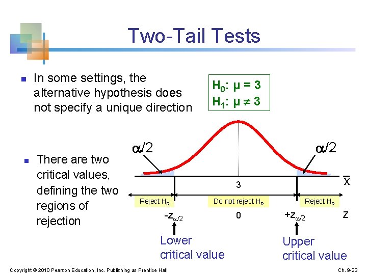 Two-Tail Tests n n In some settings, the alternative hypothesis does not specify a