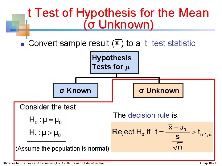 t Test of Hypothesis for the Mean (σ Unknown) n Convert sample result (