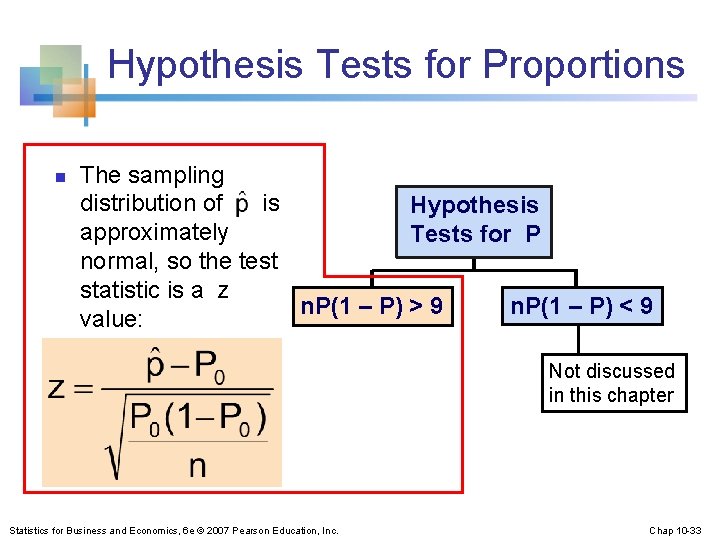Hypothesis Tests for Proportions n The sampling distribution of is Hypothesis approximately Tests for