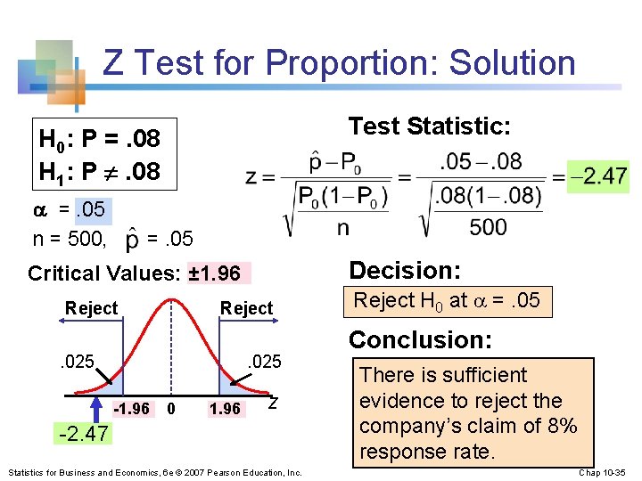 Z Test for Proportion: Solution Test Statistic: H 0: P =. 08 H 1: