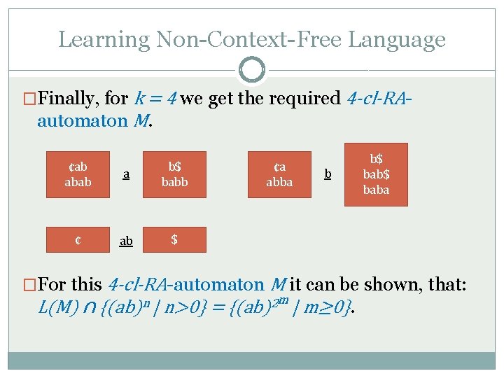 Learning Non-Context-Free Language �Finally, for k = 4 we get the required 4 -cl-RA-