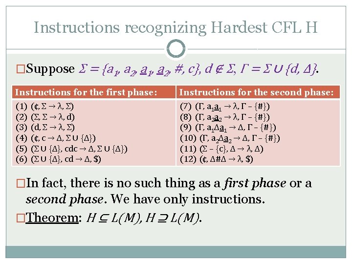 Instructions recognizing Hardest CFL H �Suppose Σ = {a 1, a 2, #, c},