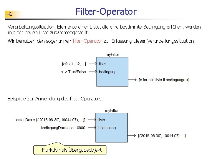 42 Filter-Operator Verarbeitungssituation: Elemente einer Liste, die eine bestimmte Bedingung erfüllen, werden in einer