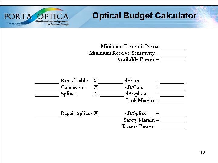 Optical Budget Calculator Minimum Transmit Power _____ Minimum Receive Sensitivity - _____ Available Power