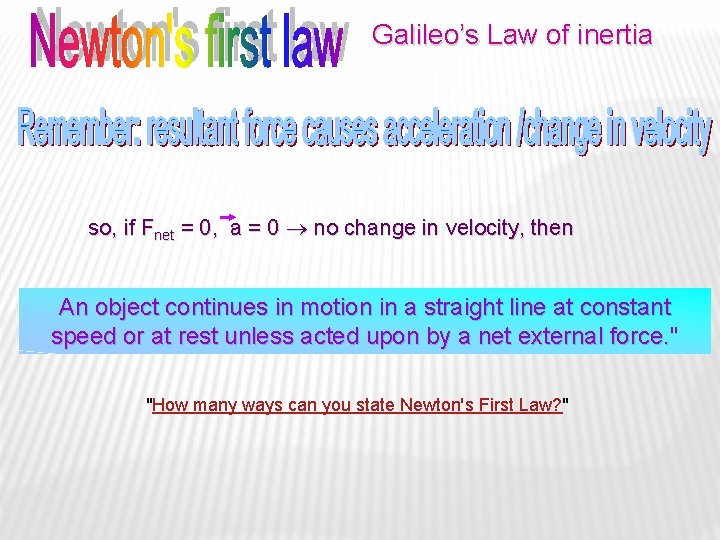Galileo’s Law of inertia so, if Fnet = 0, a = 0 no change