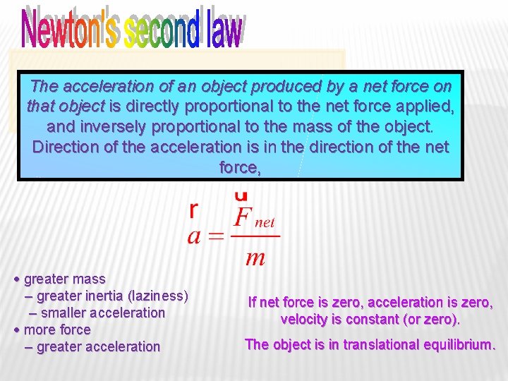 The acceleration of an object produced by a net force on that object is
