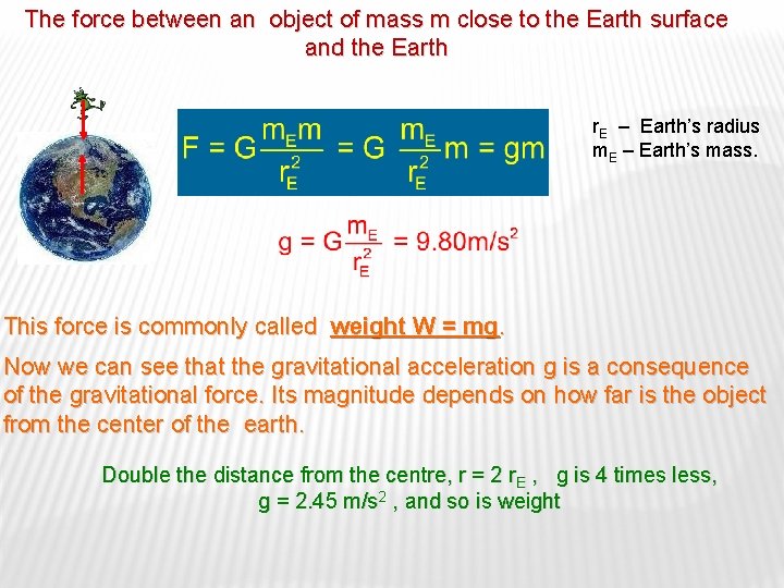 The force between an object of mass m close to the Earth surface and