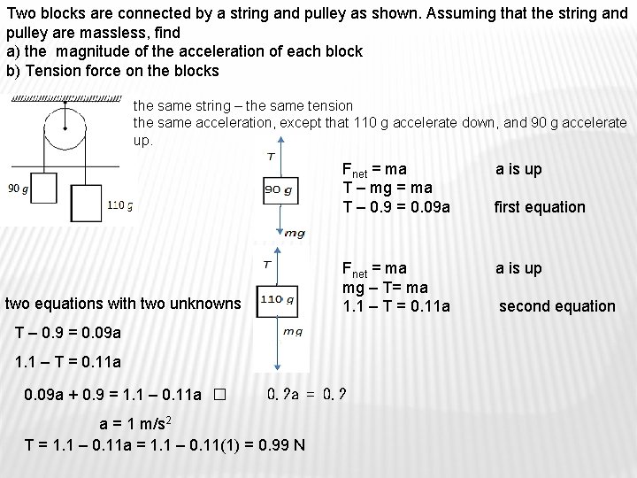 Two blocks are connected by a string and pulley as shown. Assuming that the