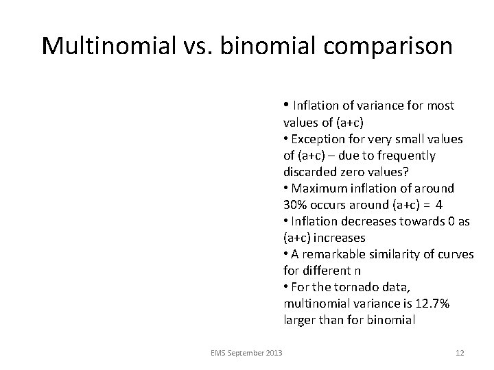 Multinomial vs. binomial comparison • Inflation of variance for most values of (a+c) •