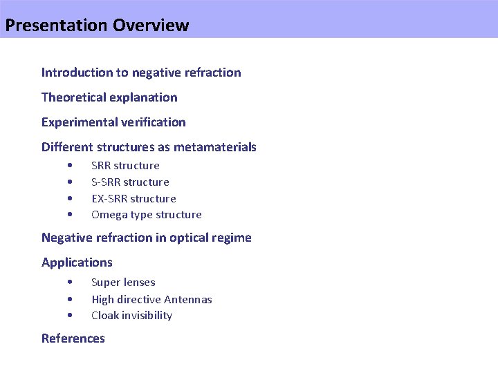 Presentation Overview Introduction to negative refraction Theoretical explanation Experimental verification Different structures as metamaterials
