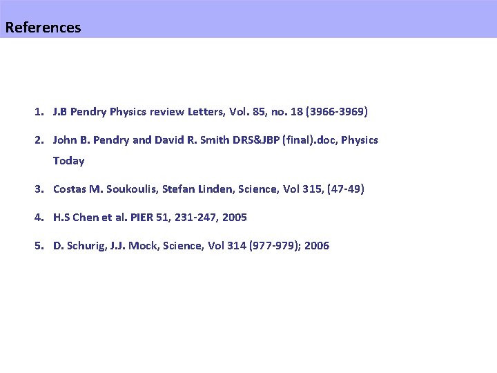 References 1. J. B Pendry Physics review Letters, Vol. 85, no. 18 (3966 -3969)