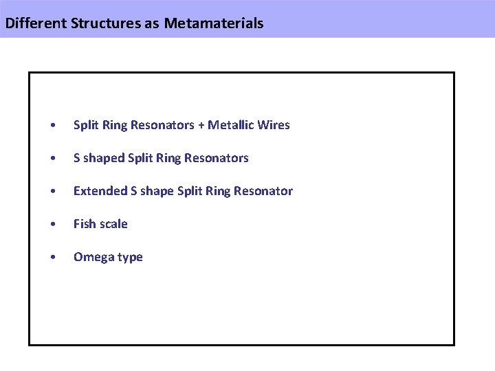 Different Structures as Metamaterials • Split Ring Resonators + Metallic Wires • S shaped