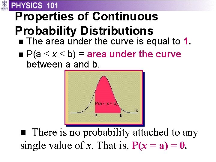 Properties of Continuous Probability Distributions The area under the curve is equal to 1.