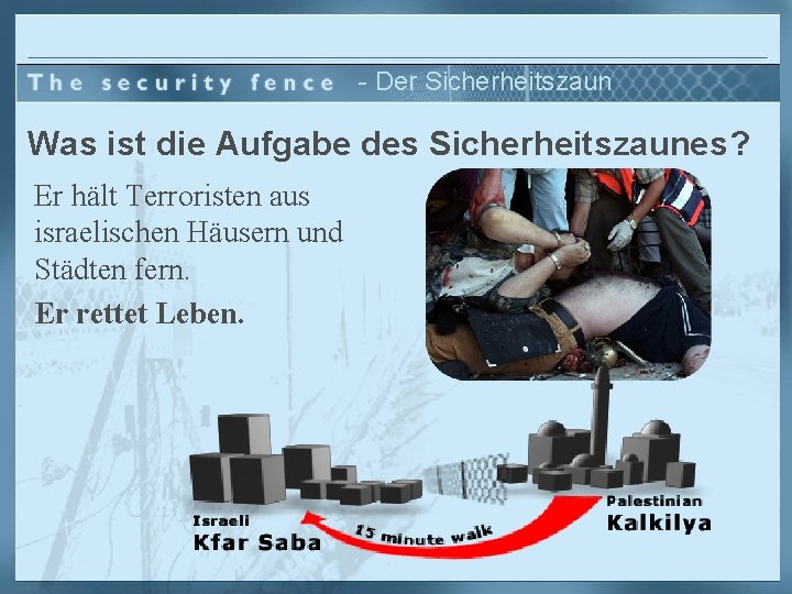 - Der Sicherheitszaun Was ist die Aufgabe des Sicherheitszaunes? Er hält Terroristen aus israelischen