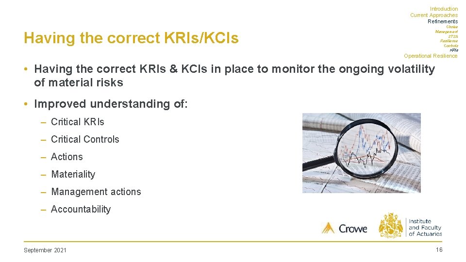 Introduction Current Approaches Refinements Choice Management STSA Resilience Controls KRIs Having the correct KRIs/KCIs