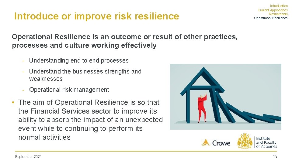 Introduce or improve risk resilience Introduction Current Approaches Refinements Operational Resilience is an outcome