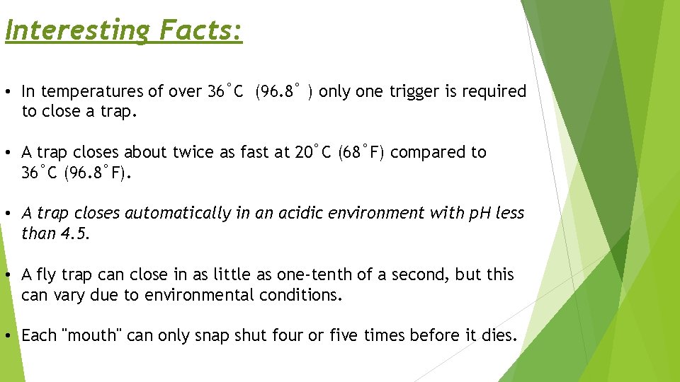 Interesting Facts: • In temperatures of over 36˚C (96. 8˚ ) only one trigger