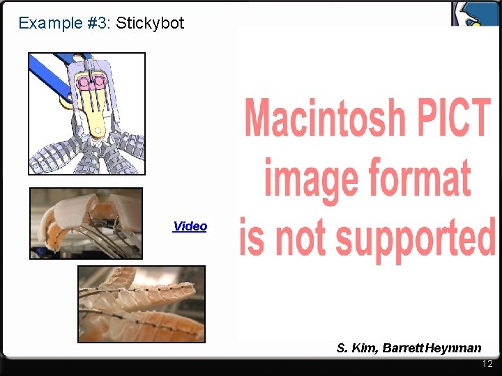 Example #3: Stickybot Video S. Kim, Barrett Heynman 12 