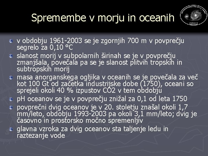 Spremembe v morju in oceanih v obdobju 1961 -2003 se je zgornjih 700 m