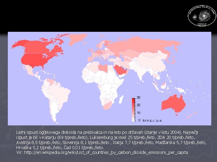 Letni izpust ogljikovega dioksida na prebivalca in na leto po državah (stanje v letu