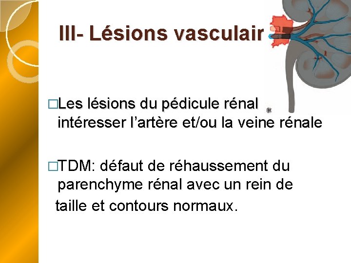 III- Lésions vasculaires �Les lésions du pédicule rénal peuvent intéresser l’artère et/ou la veine