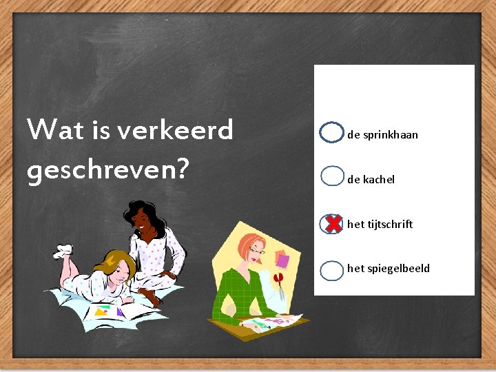 Wat is verkeerd geschreven? de sprinkhaan de kachel het tijtschrift het spiegelbeeld 