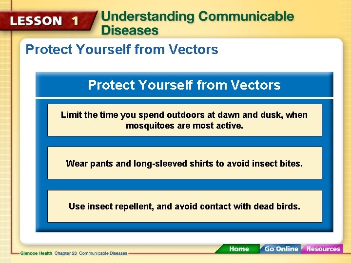 Protect Yourself from Vectors Limit the time you spend outdoors at dawn and dusk,