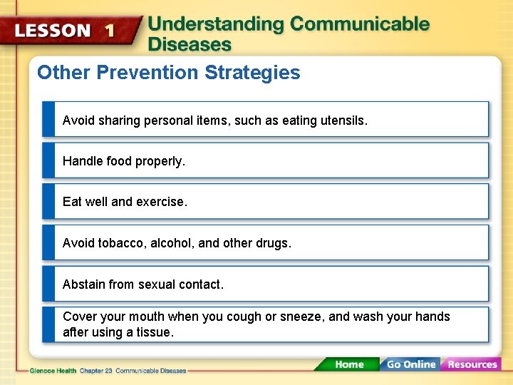 Other Prevention Strategies Avoid sharing personal items, such as eating utensils. Handle food properly.