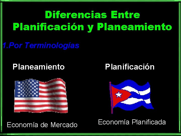 Diferencias Entre Planificación y Planeamiento 1. Por Terminologías Planeamiento Economía de Mercado Planificación Economía