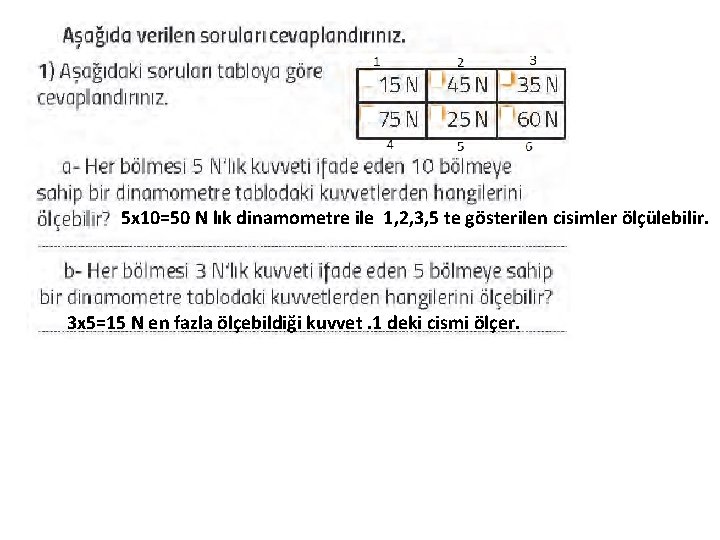 5 x 10=50 N lık dinamometre ile 1, 2, 3, 5 te gösterilen cisimler