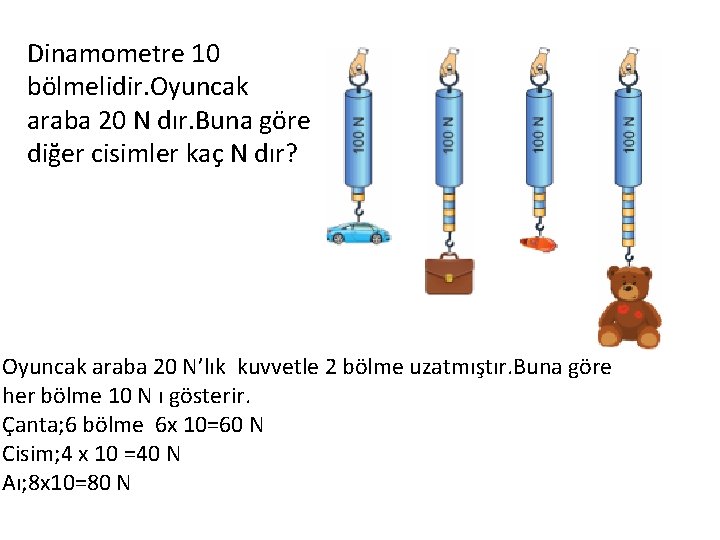 Dinamometre 10 bölmelidir. Oyuncak araba 20 N dır. Buna göre diğer cisimler kaç N