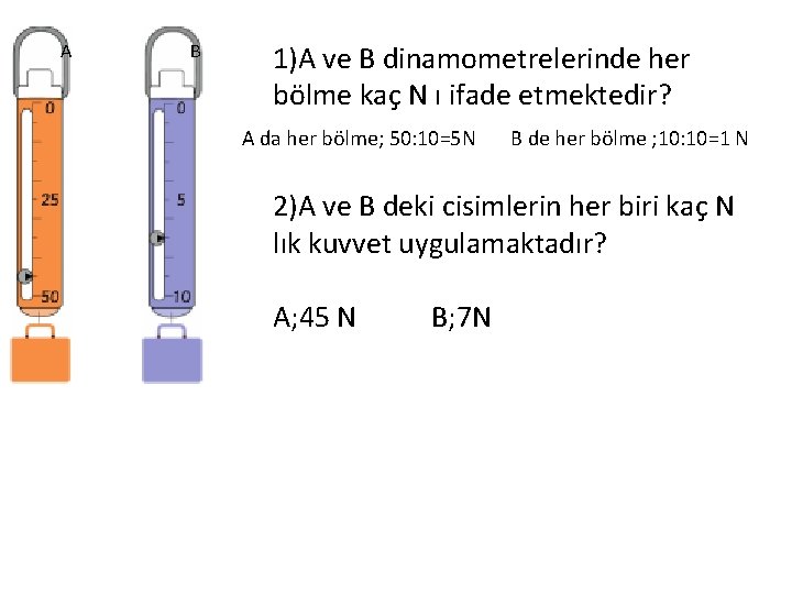 A B 1)A ve B dinamometrelerinde her bölme kaç N ı ifade etmektedir? A